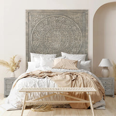 Large Hand-Carved Wooden Headboard Wall Art Panel in Grey Finish