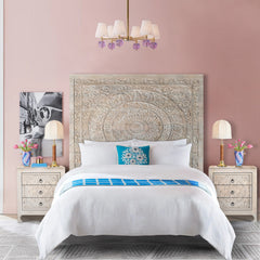 Large Hand-Carved Wooden Headboard Panel in Light Whitewash Finish