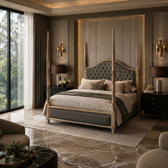 Modern Vintage Four-Poster Wooden King Bed with Upholstered Tufted Headboard