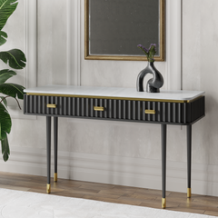 Modern Fluted Black Console Table with White Marble Top & Gold Hardware