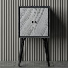 Contemporary 2-Door Tall Accent Cabinet with Natural Wooden Frame & Slate Black Fronts