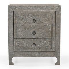 Hand-Carved Wooden 3-Drawer Nightstand Side Table