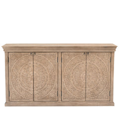 Large Hand-Carved Wooden 4-Door Sideboard Storage Cabinet