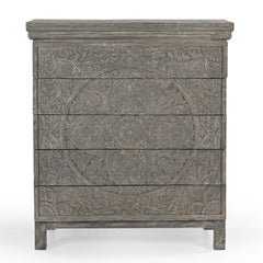 Hand-Carved Wooden 4-Drawer Tall Storage Dresser Chest