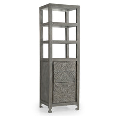 Tall Hand-Carved Wooden Storage Tower with Open Shelves and Cabinet