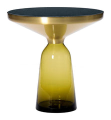 Contemporary Olive Green Glass Pedestal Side Table with Brushed Gold Funnel & Black Top