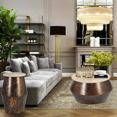 Round Travertine Stone Top Side Table with Metallic Drum Base