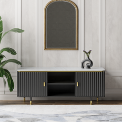 Modern Fluted Black TV Console Unit with White Marble Top & Gold Accents