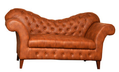 "Classic Vintage Tan Leather Tufted Chaise Lounge Sofa with Rolled Arms"