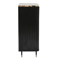 "Modern Black Fluted Cabinet with Marble Top and Gold Accents"