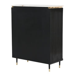 "Modern Black Fluted Cabinet with Marble Top and Gold Accents"