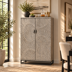 Bar Cabinet with Wine Rack, Carved Wooden Doors & LED | Furniba
