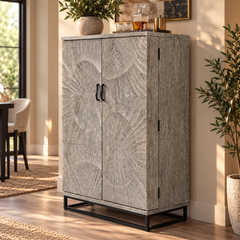 Bar Cabinet with Wine Rack, Carved Wooden Doors & LED | Furniba