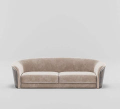 "Luxury Curved Beige Velvet 3-Seater Sofa with Dark Wooden Outer Shell"