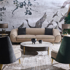 "Luxury Contemporary Beige Curved 3-Seater Sofa with Dark Piping Accent"