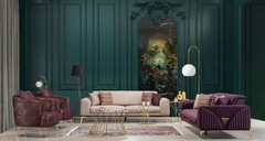Luxury Royal Purple & Cream Fluted Sofa Set with Gold Accent Legs