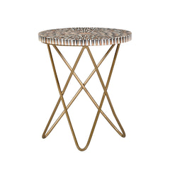 Artisanal Mosaic Bone Inlay Round Side Table with Cross-Leg Gold Frame