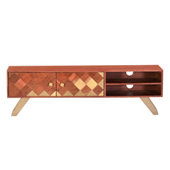 Modern Wooden TV Unit Media Console with Brass Inlay and Gold Legs