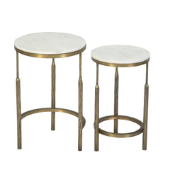 Round White Marble Top Side Tables with Antique Brass Legs (Set of 2)