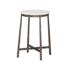 Round White Marble Top Side Table with Textured Metal Base