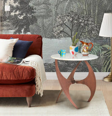 Round White Marble Side Table with Curved Copper Metal Base