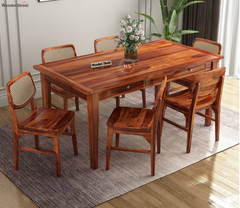 Solid Sheesham Wood 6-Seater Dining Table Set with Built-in Drawer & Cane Back Chairs