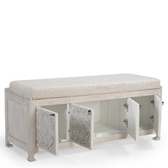 Hand-Carved Wooden Storage Bench with Upholstered Cushion Top