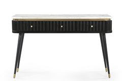 Modern Fluted Black Console Table with White Marble Top & Gold Hardware