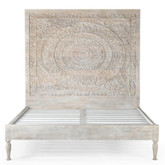 Large Hand-Carved Wooden Headboard Panel in Light Whitewash Finish