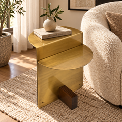 Turner Brushed Gold Side Table with Ash Wood Detail – styled view