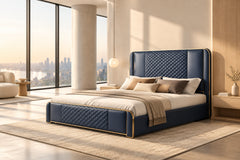 Furniba Luxury Royal Navy Blue Leatherette King Size Bed