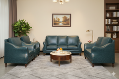 "Luxury Teal Blue Leather 5-Piece Sofa Set with Nailhead Trim & Wooden Legs"