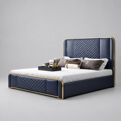 Luxury navy blue leatherette king size bed with gold metal piping and diamond quilting
