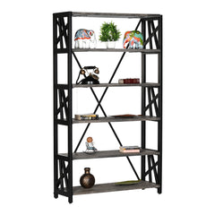 Industrial 5-Tier Wooden Bookcase with Geometric Black Metal Frame