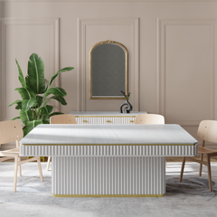 Modern Fluted Pedestal Dining Table with White Marble Top and Gold Accents