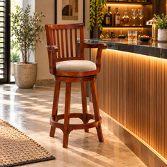 Wooden Bar Stool with Arms & Upholstered Seat – Brown