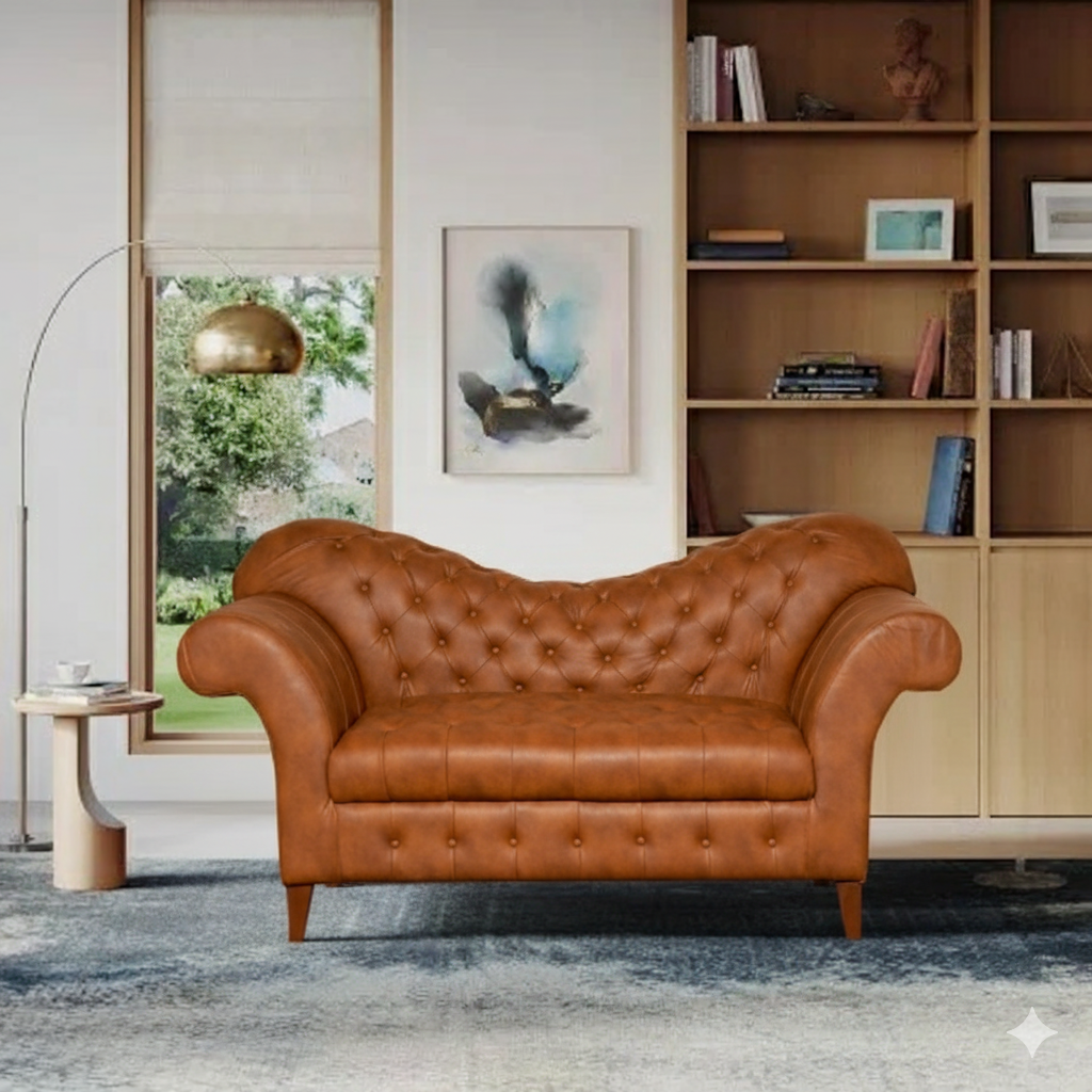 "Classic Vintage Tan Leather Tufted Chaise Lounge  Sofa with Rolled Arms"