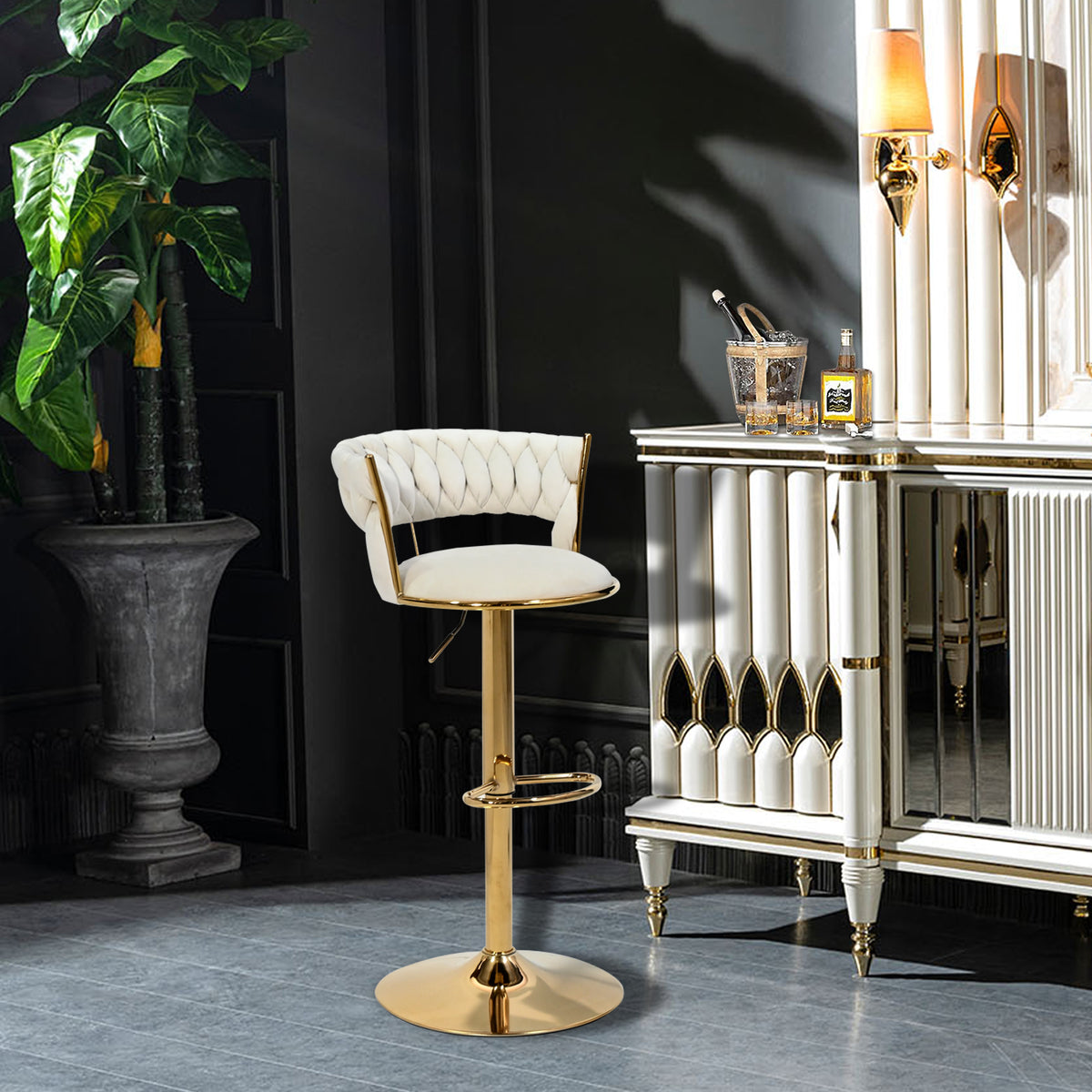 White Velvet Bar Stool with Gold Base & Footrest