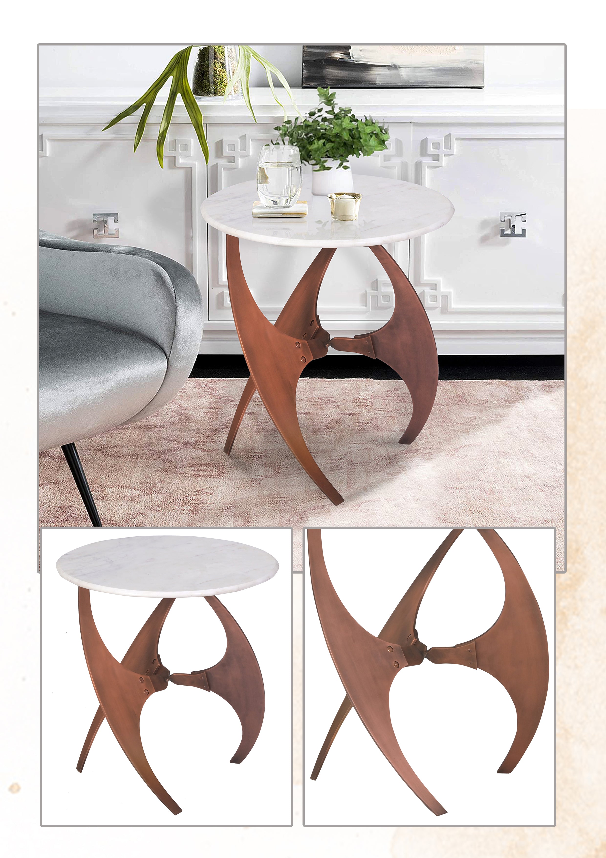 Round White Marble Side Table with  Curved Copper Metal Base