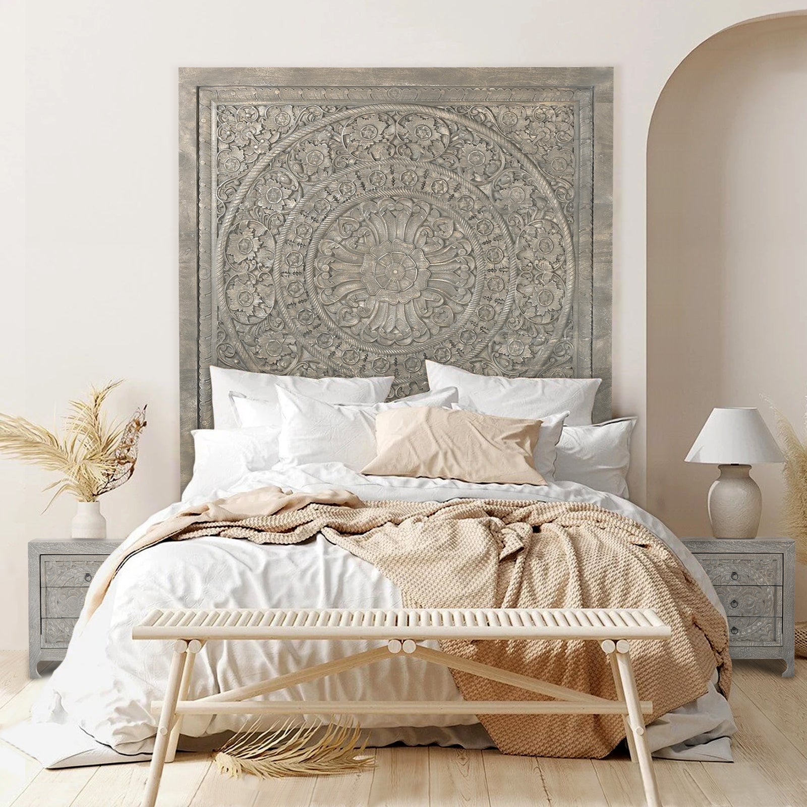 Large Hand-Carved Wooden Headboard  Wall Art Panel in Grey Finish