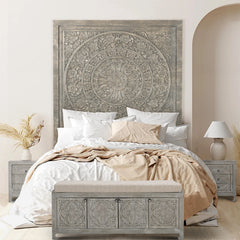 Large Hand-Carved Wooden Headboard  Wall Art Panel in Grey Finish