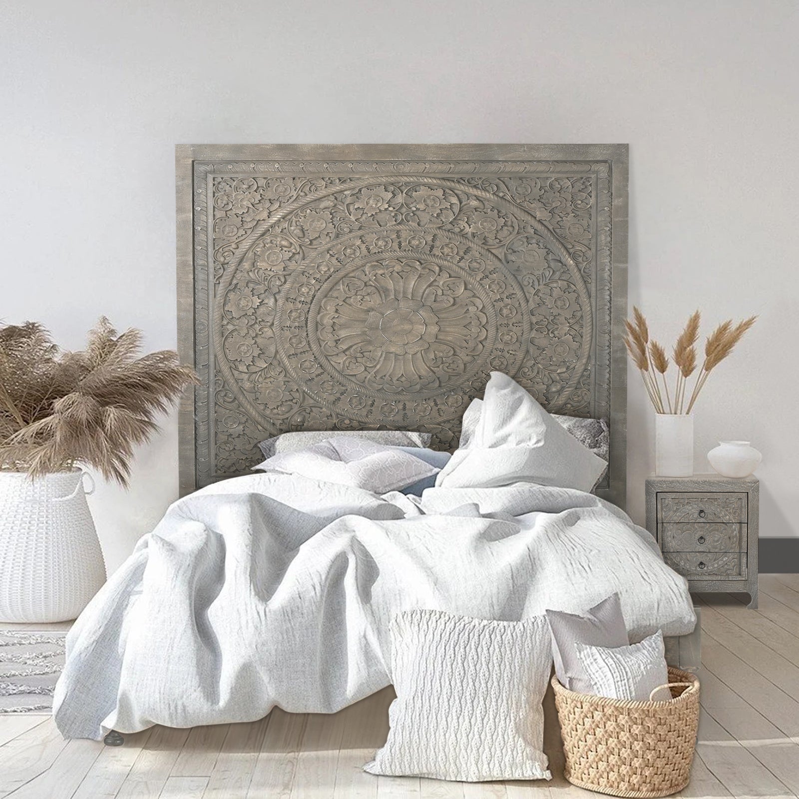 Large Hand-Carved Wooden Headboard  Wall Art Panel in Grey Finish