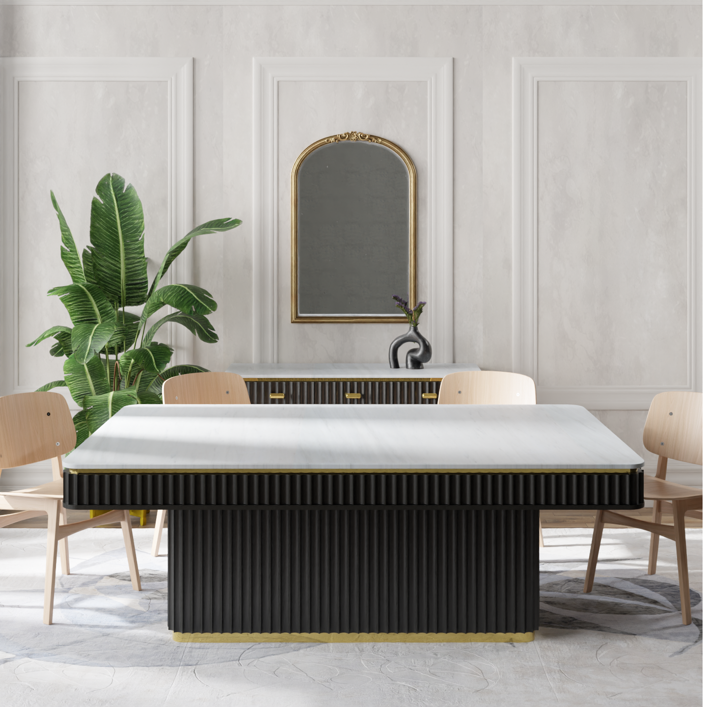 Modern Fluted Pedestal Dining Table with White  Marble Top and Gold Accents