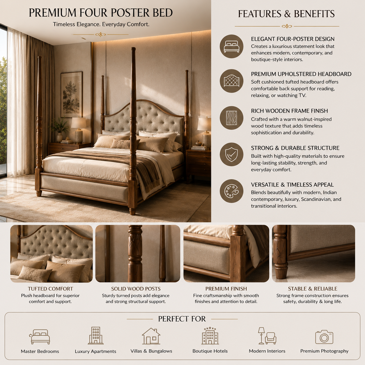 Modern Vintage Four-Poster Wooden King Bed with Upholstered Tufted Headboard