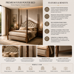 Modern Vintage Four-Poster Wooden King Bed with Upholstered Tufted Headboard