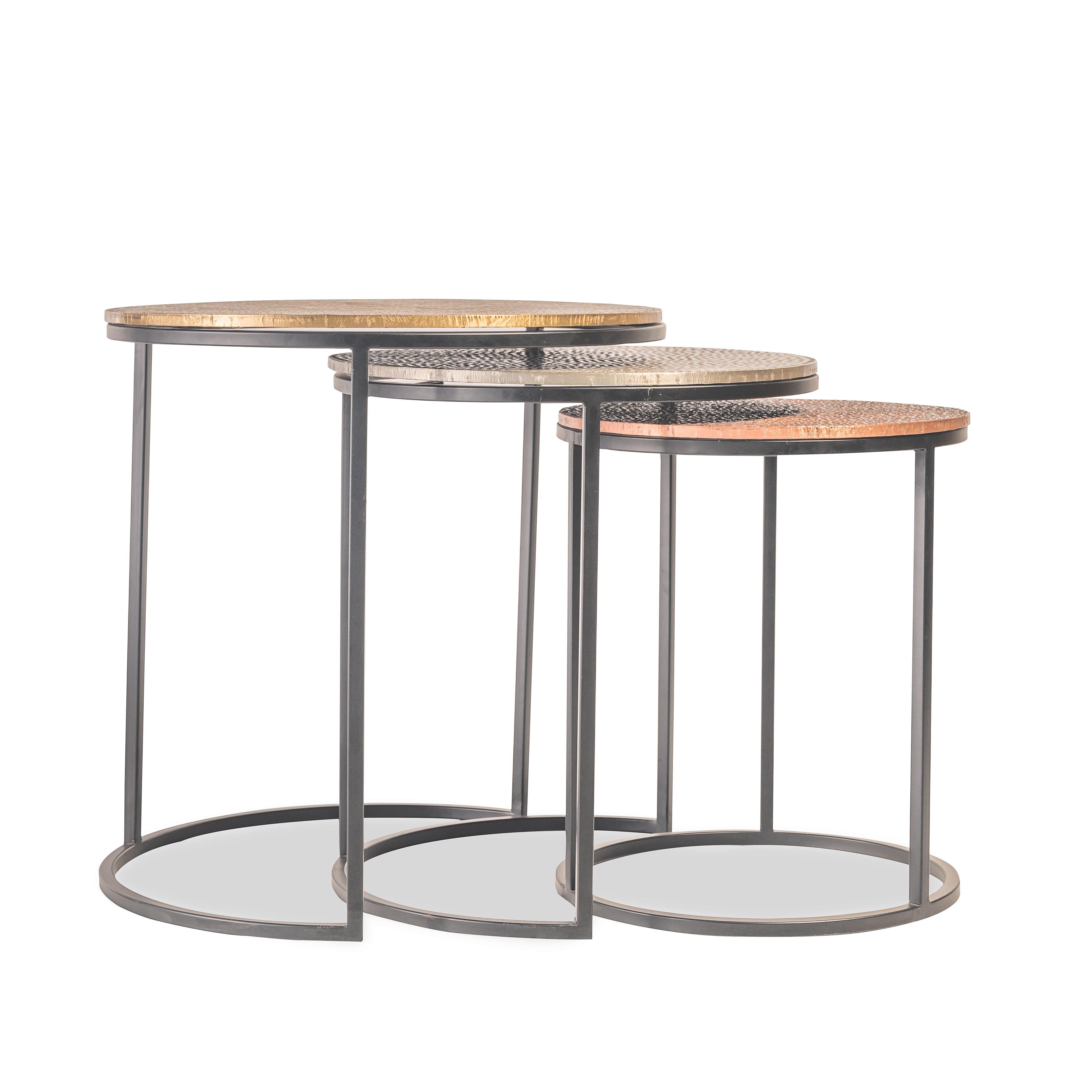 Industrial Nesting Round Side Tables with Hammered Metallic Tops (Set of 3)