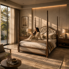 Modern Vintage Four-Poster Wooden King Bed with Upholstered Tufted Headboard