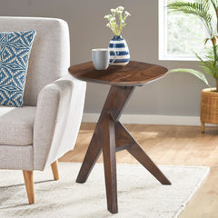 Mid-Century Modern Solid Wood Round Tripod  Side Table with Dark Walnut Finish