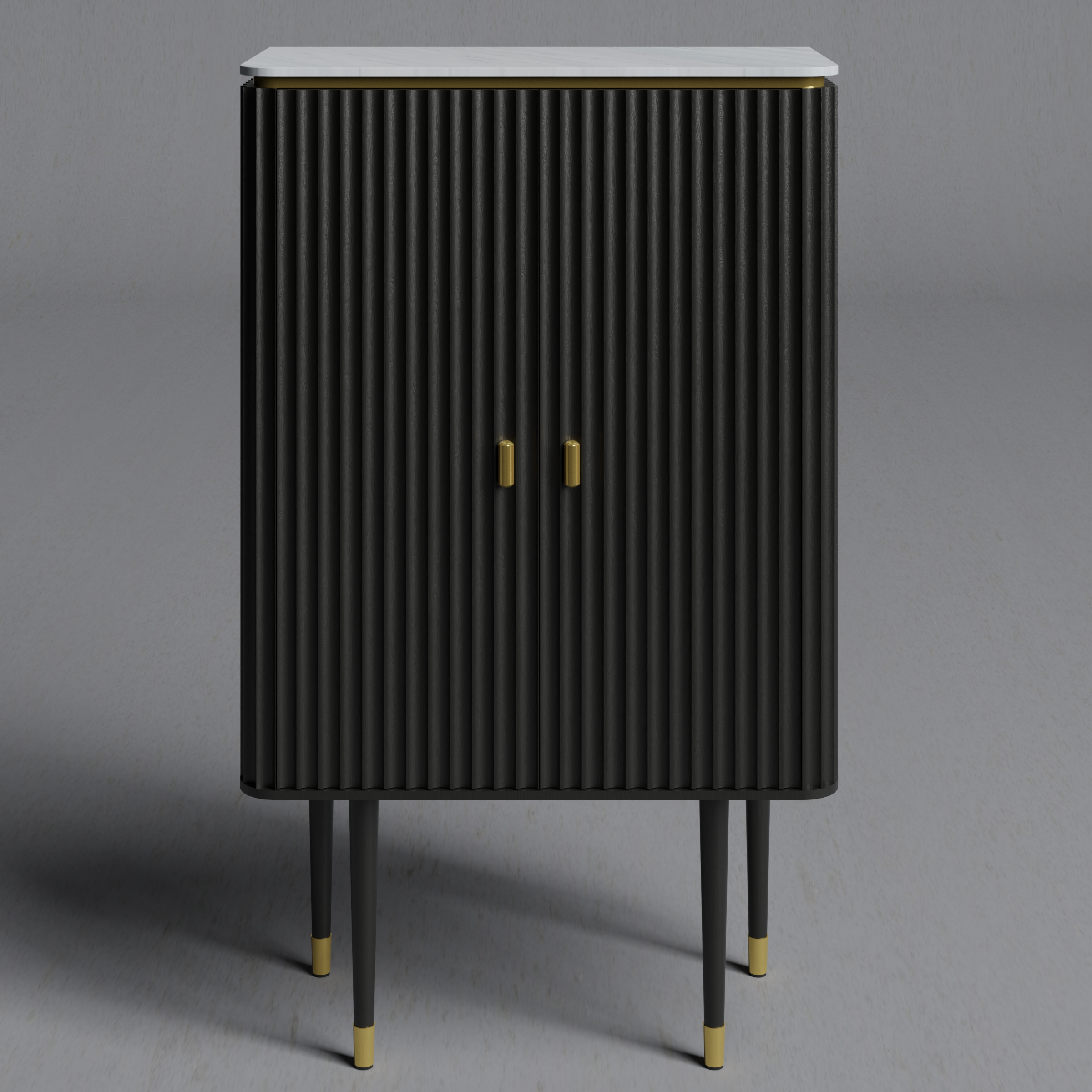 Luxury Contemporary 2-Door Tall Bar Highboard with Fluted Wood Panels & Brass Accent Legs