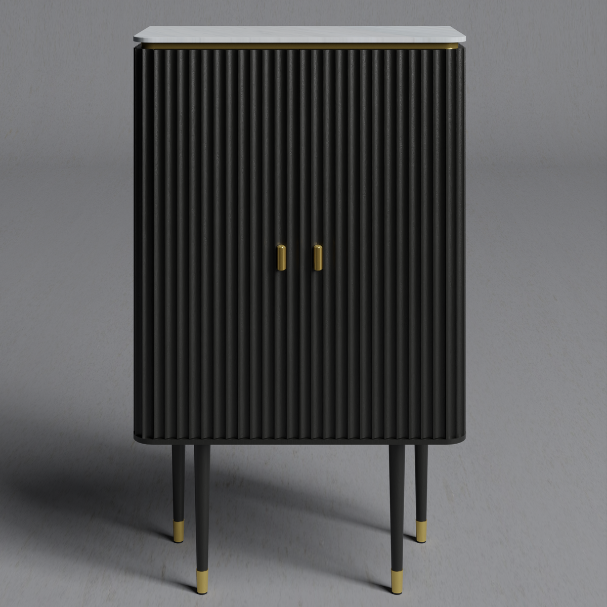 Luxury Contemporary 2-Door Tall Bar Highboard with Fluted Wood Panels & Brass Accent Legs